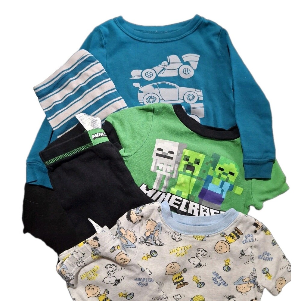 Boys 24 Months 3 1/2 Sets Pajamas Minecraft Peanuts Racecars Firetruck Lot - Picture 2 of 16